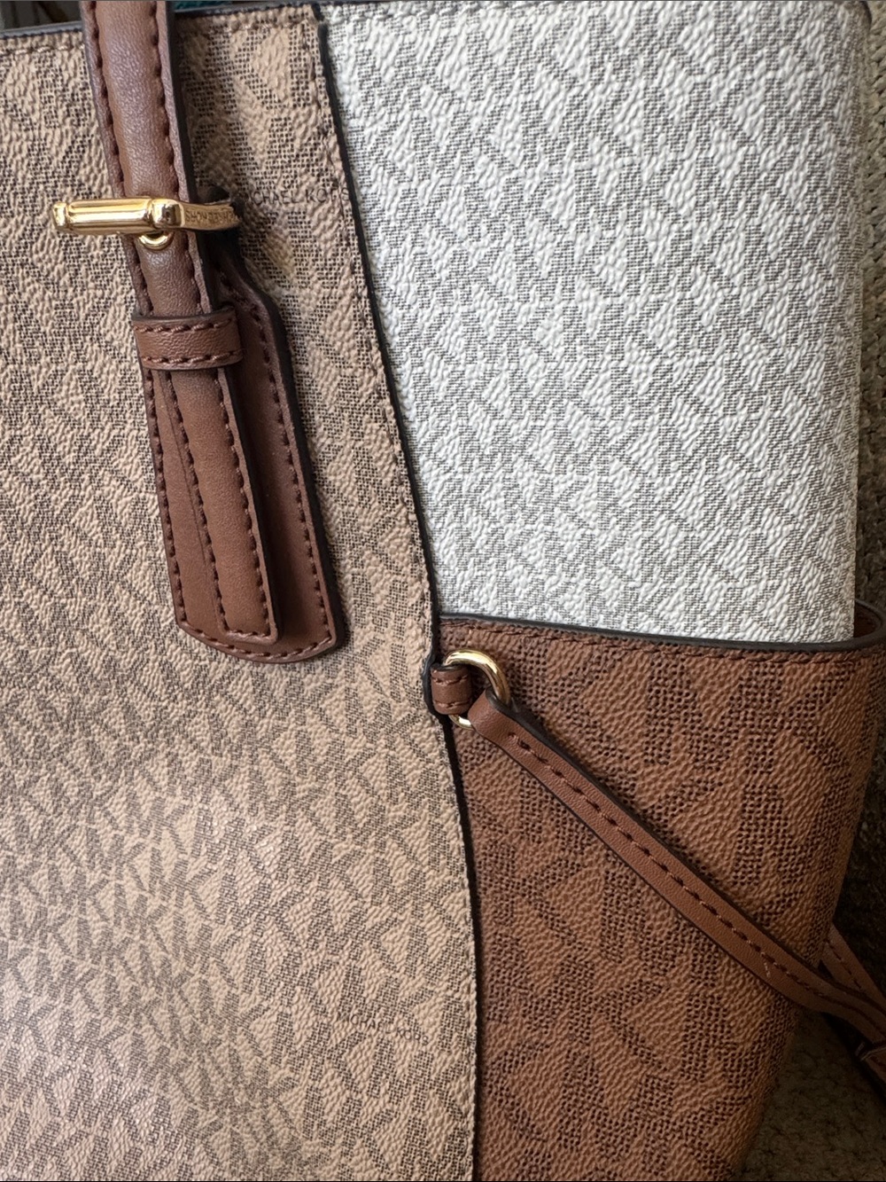 Michael Kors Two-Tone MK Logo Tote in Brown and Cream - Picture 4 of 13